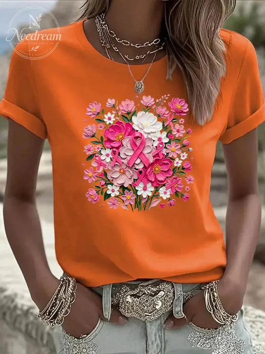 Women's  We Wear Pink Flower Pattern Round-Neck 100% Cotton T-Shirt