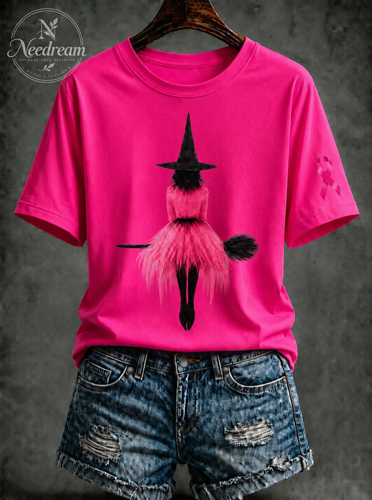 Women's Pink Witch Hat Printed Casual T-Shirt