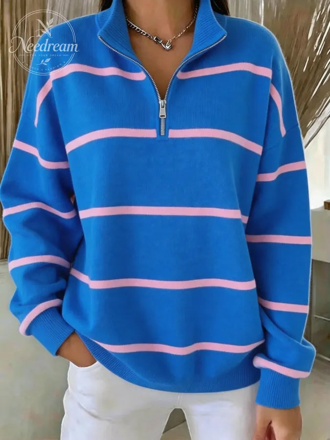 Women Striped Half Open Collar Casual Spring/Fall Long Sleeve Sweatshirt