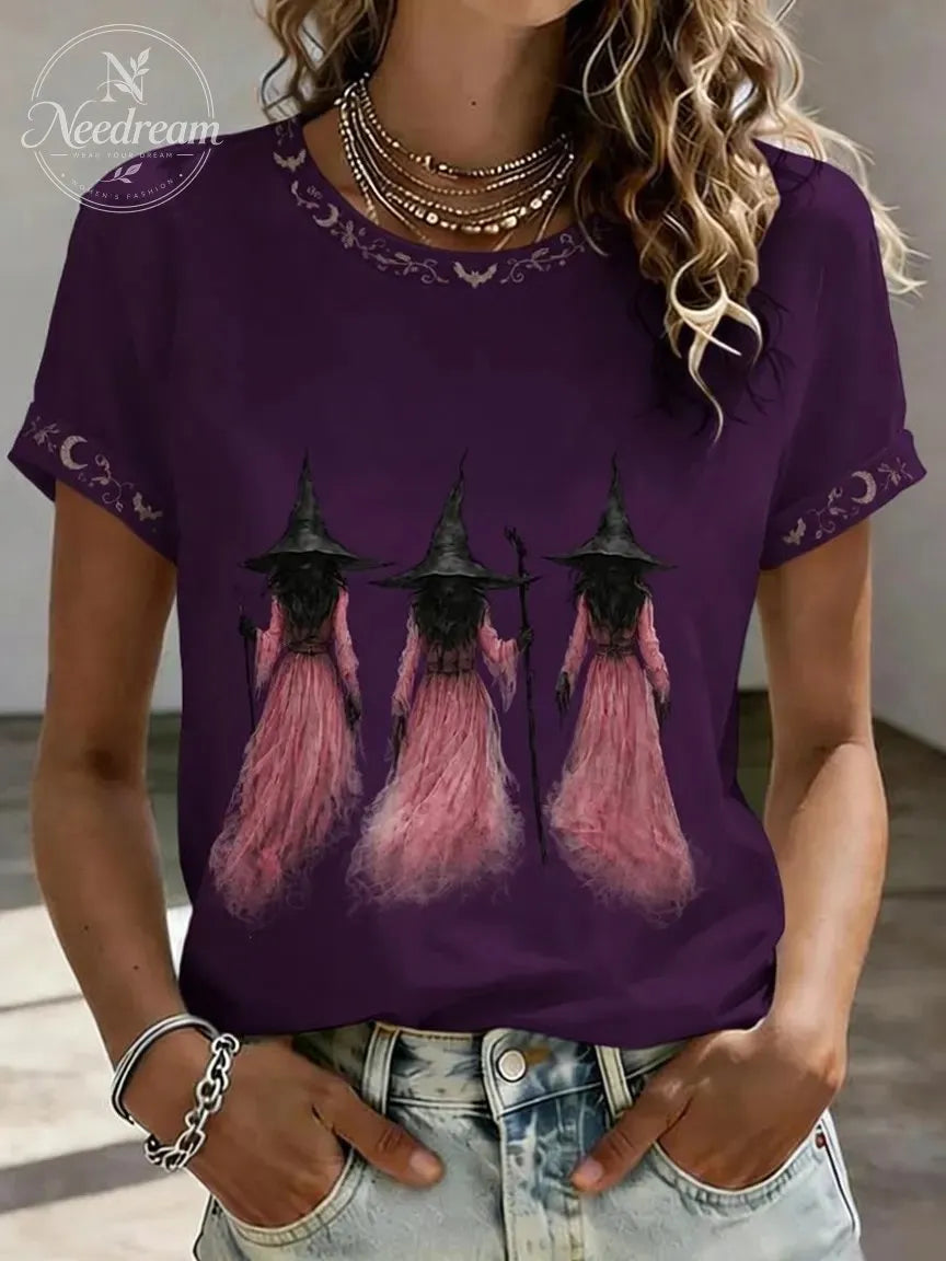 Women'S Retro Halloween Pink Witch Print Casual T-Shirt