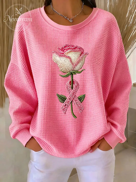Women'S Pink floral print Waffle Sweatshirt