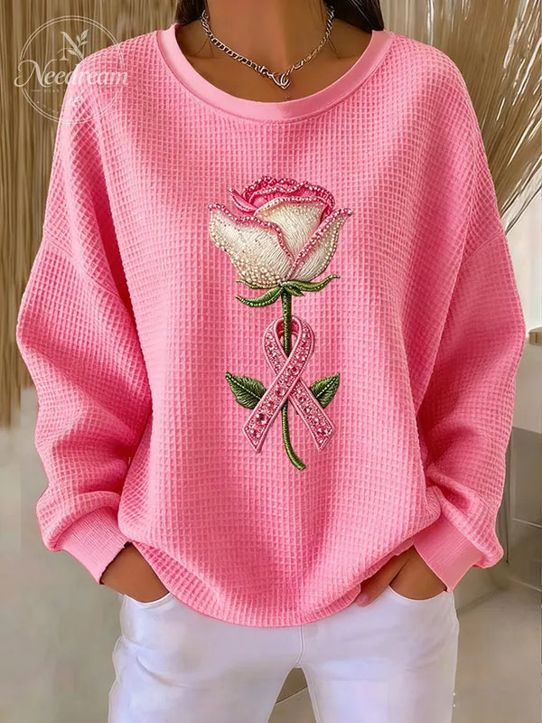 Women'S Pink floral print Waffle Sweatshirt