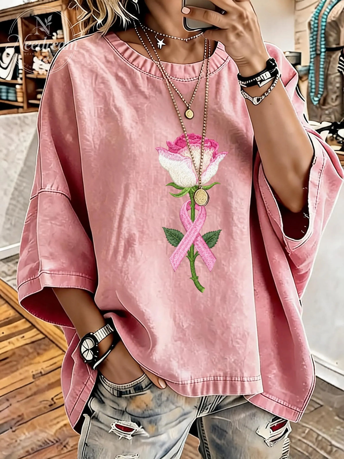 Women's Breast Cancer Awareness Flowers Distressed Washed Oversized T-Shirt