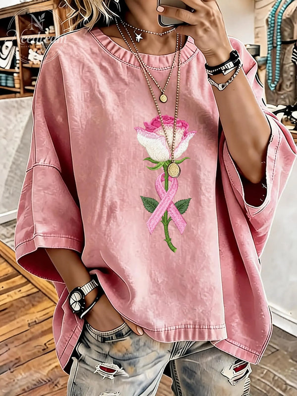 Women's Breast Cancer Awareness Flowers Distressed Washed Oversized T-Shirt