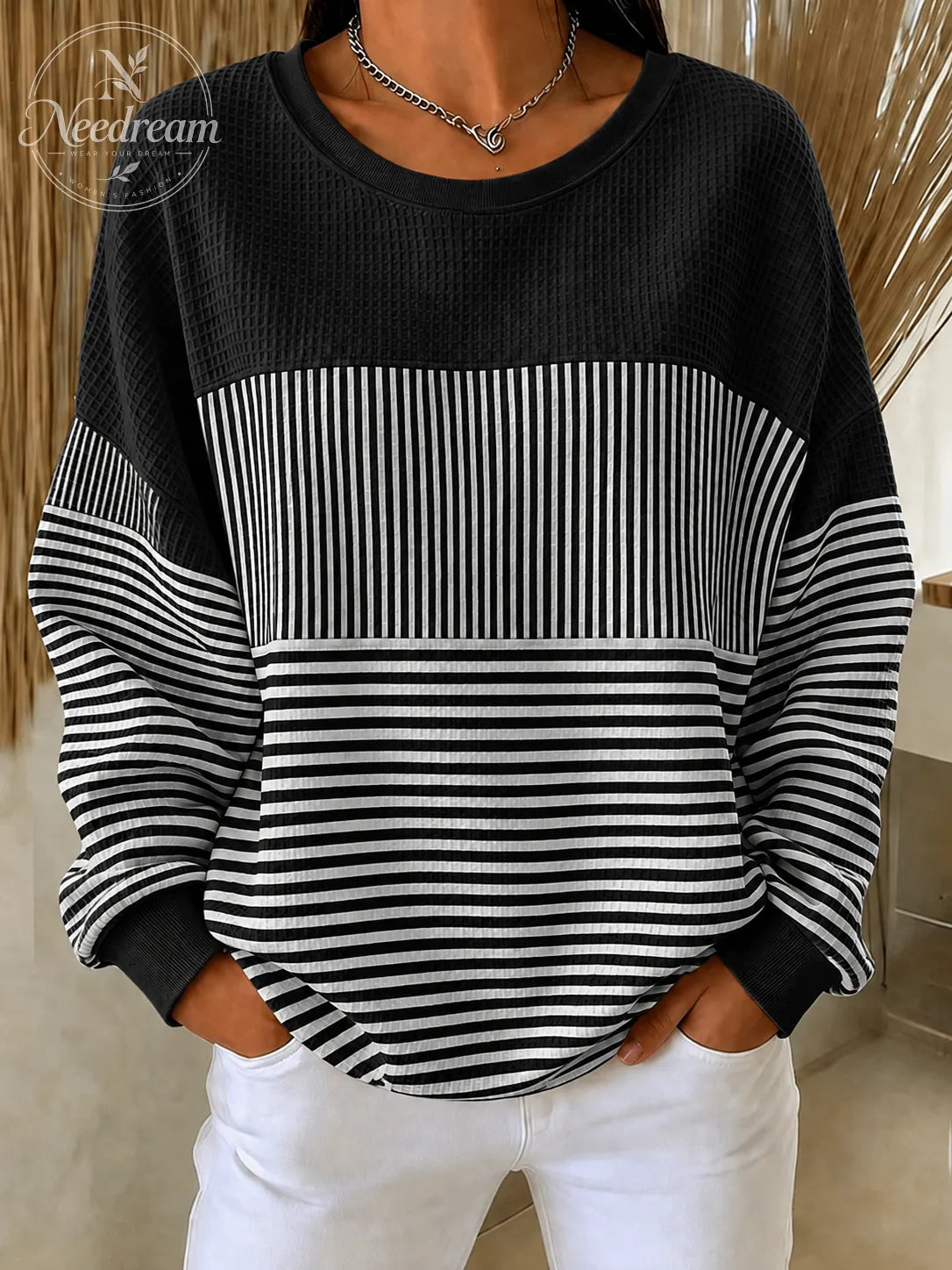 Women'S  Pink Art Patchwork Waffle Sweatshirt