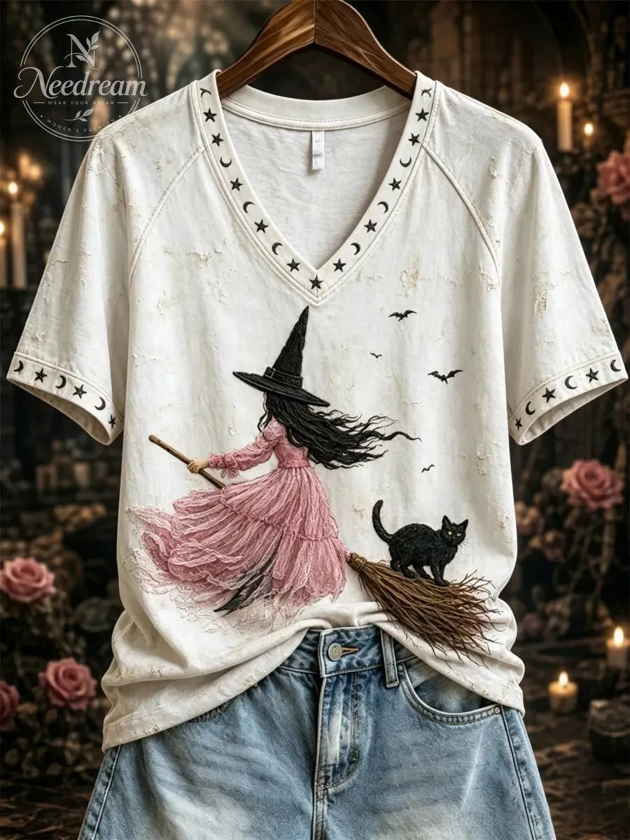 Women's Pink Witch-Themed Print Casual T-Shirt