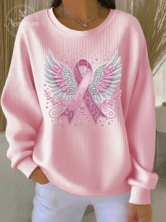 Women'S Pink Ribbon Print Casual Sweatshirt