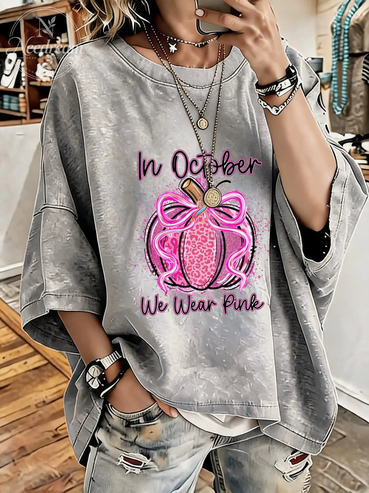 Women's Breast Cancer Awareness Distressed Washed Oversized T-Shirt