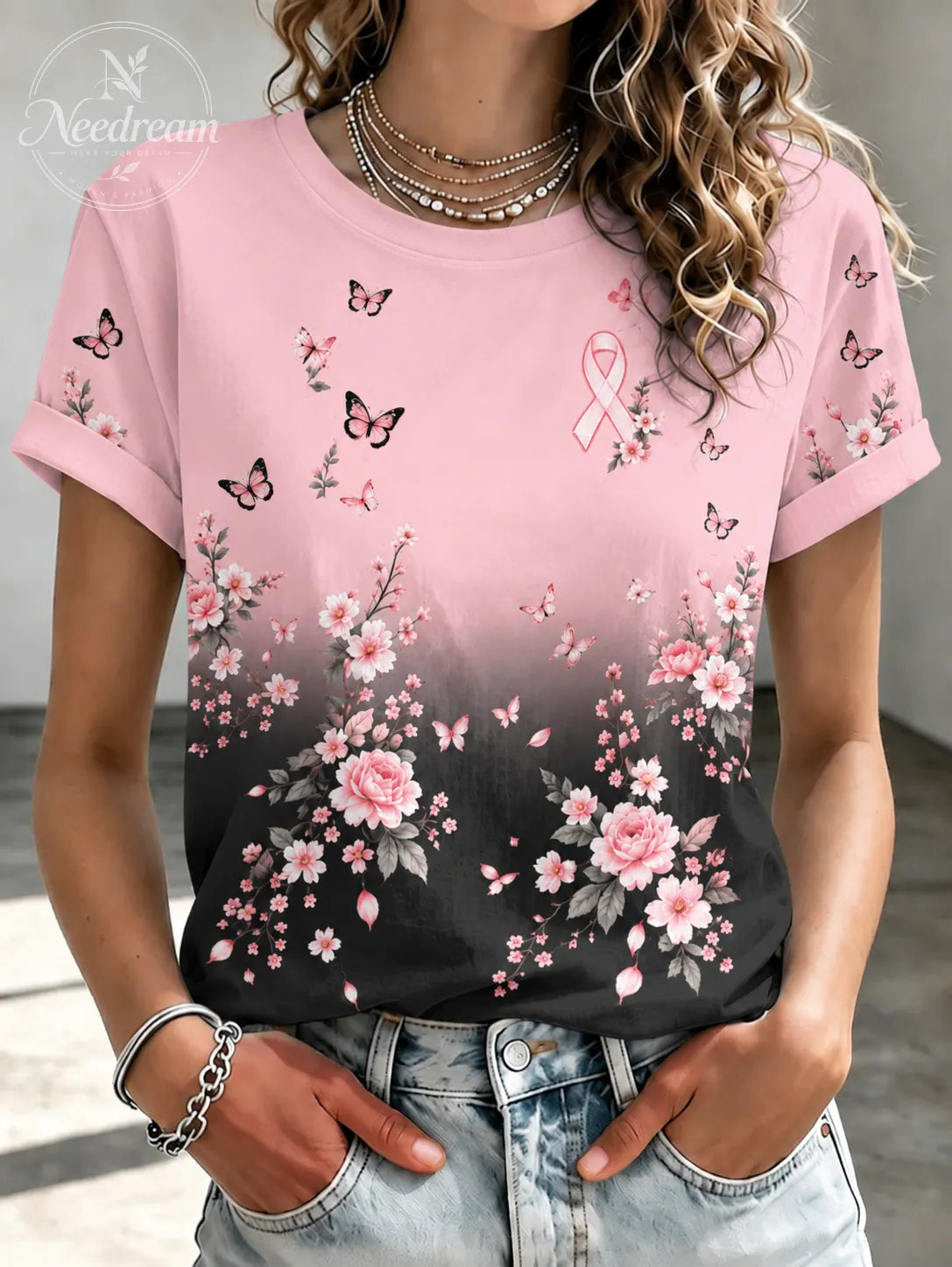 Women'S Pink Floral Butterfly Print Round Neck Short Sleeved T-Shirt