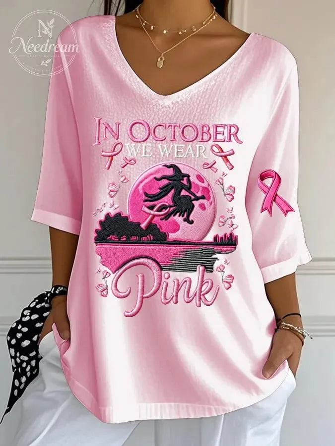 Women's Casual October We Wear Pink Witch Bubble Wrinkle Top