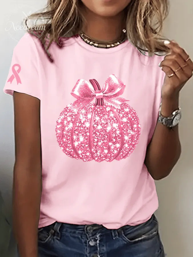 Women's Breast Cancer Sequined Pumpkin Print Crew Neck T-Shirt