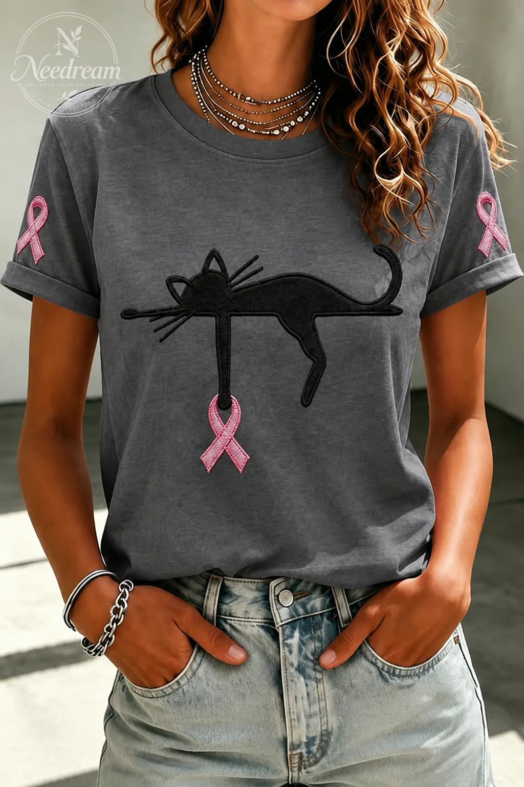 Women'S Cat And Pink Ribbon Round Neck 100% Cotton T-Shirt