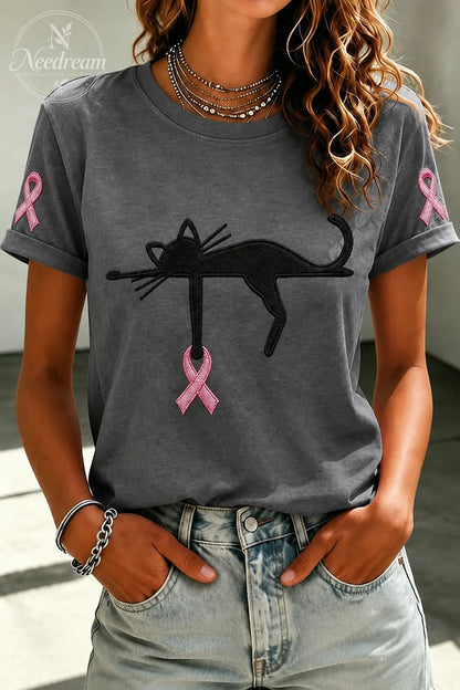 Women'S Cat And Pink Ribbon Round Neck 100% Cotton T-Shirt
