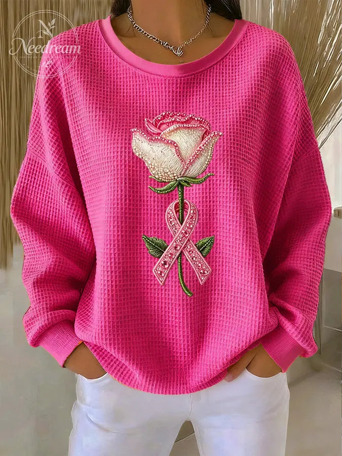 Women'S Pink floral print Waffle Sweatshirt