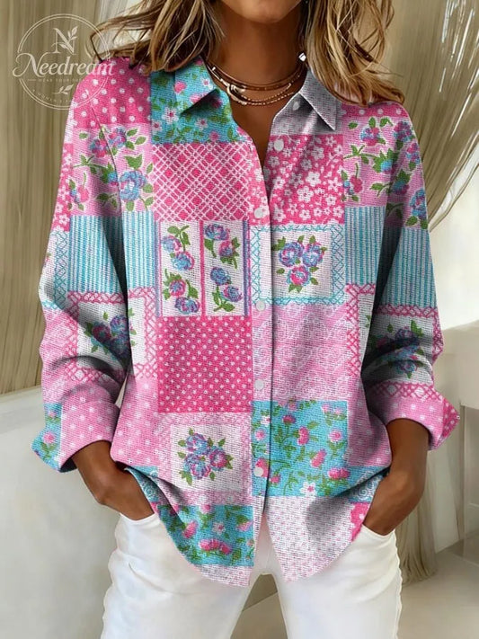 Women's Vintage Pink Floral Patchwork Print Casual Lapel Shirt