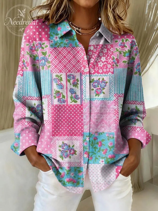 Women's Vintage Pink Floral Patchwork Print Casual Lapel Shirt