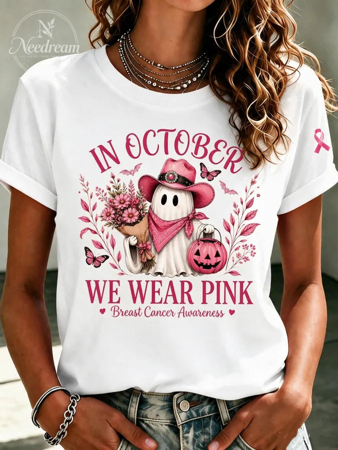 Women'S In October We Wear Pink Printed Casual T-Shirt