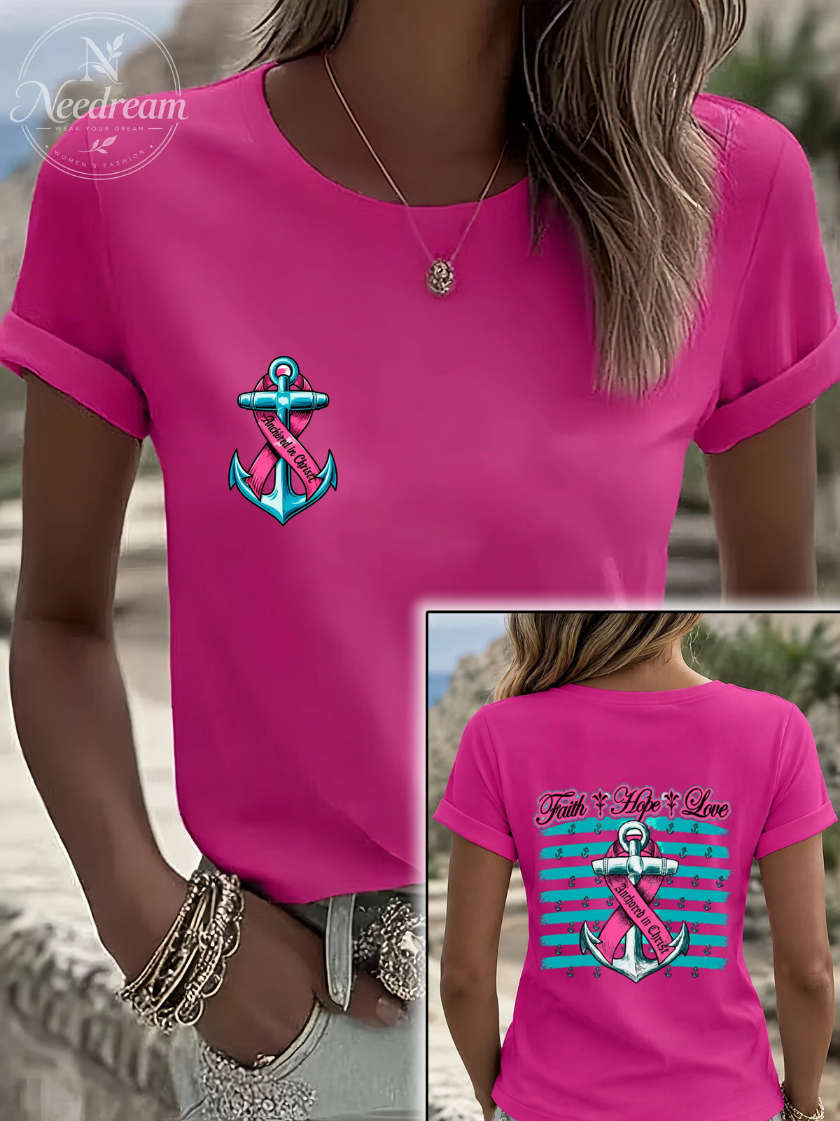 Women'S Breast Cancer Awareness Hope Short Sleeve Tee T-Shirt Crew Neck Printing Casual Graphic Tee