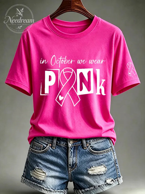 Women's In October We Wear Pink Printed Casual T-Shirt