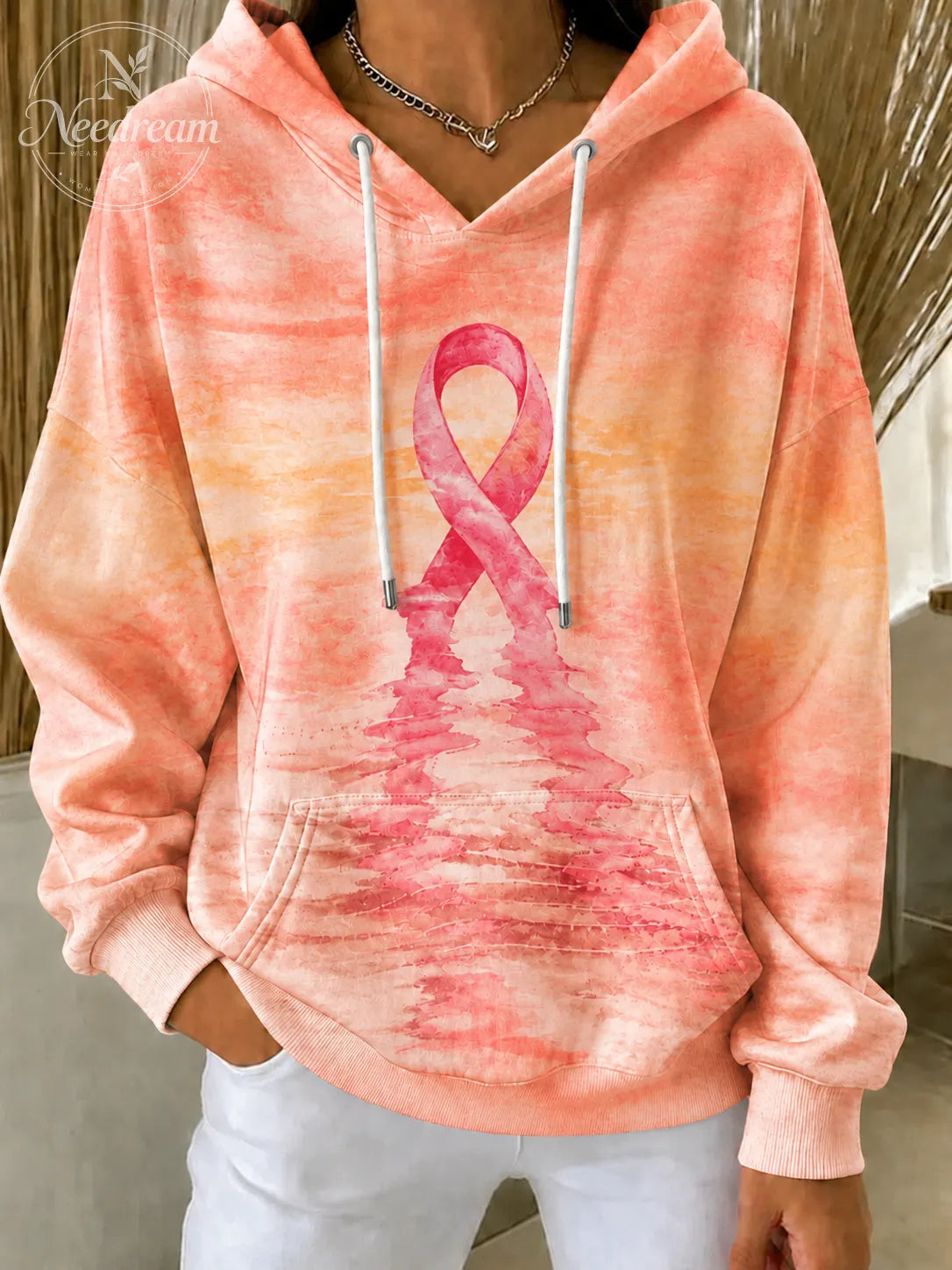 Women'S Breast Cancer Awareness Print Long Sleeve Hooded Sweatshirt