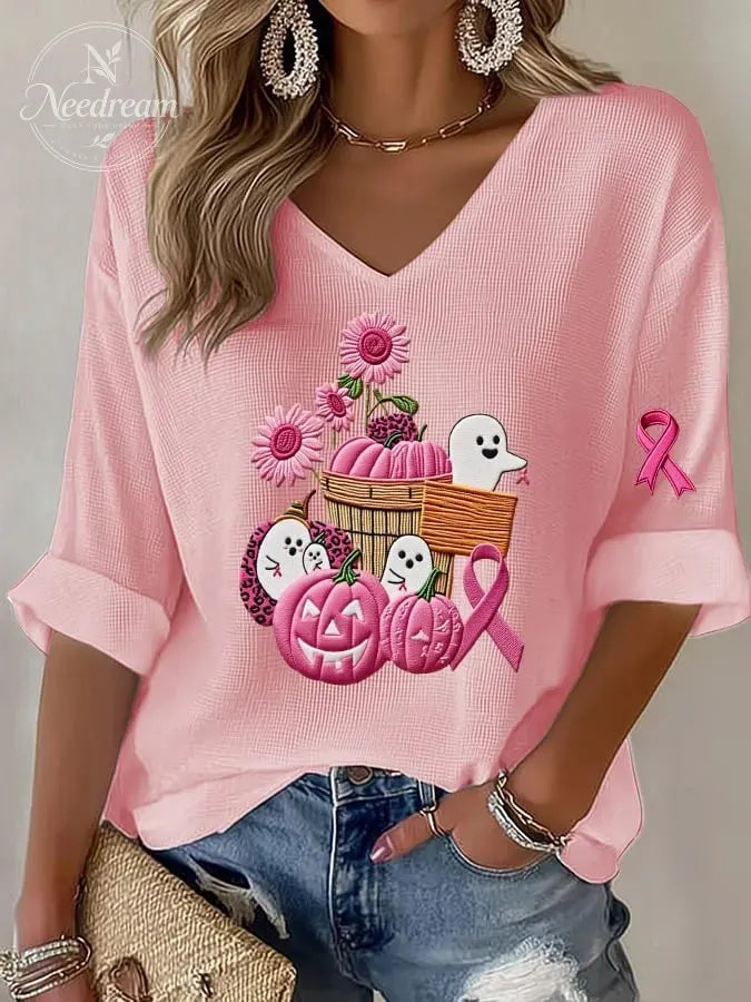 Women's casual pink ghost waffle long-sleeved T-shirt
