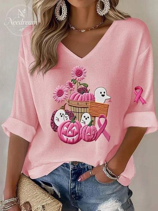 Women's casual pink ghost waffle long-sleeved T-shirt