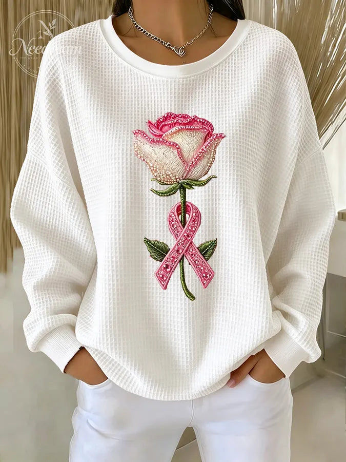Women'S Pink floral print Waffle Sweatshirt
