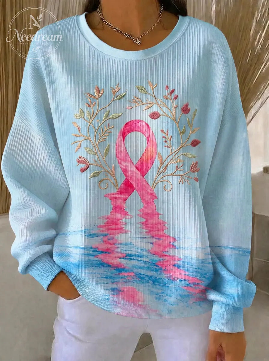Women's Breast Cancer Awareness Floral Ribbon Printed Sweatshirt