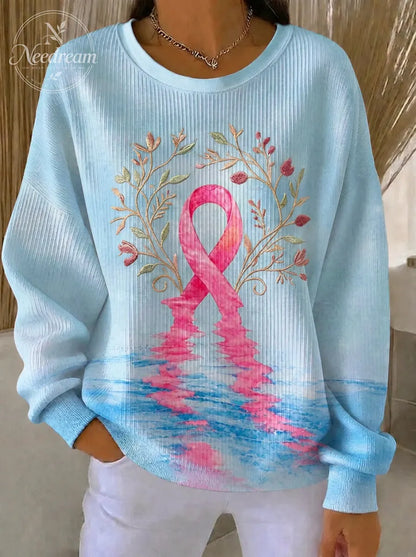Women's Breast Cancer Awareness Floral Ribbon Printed Sweatshirt