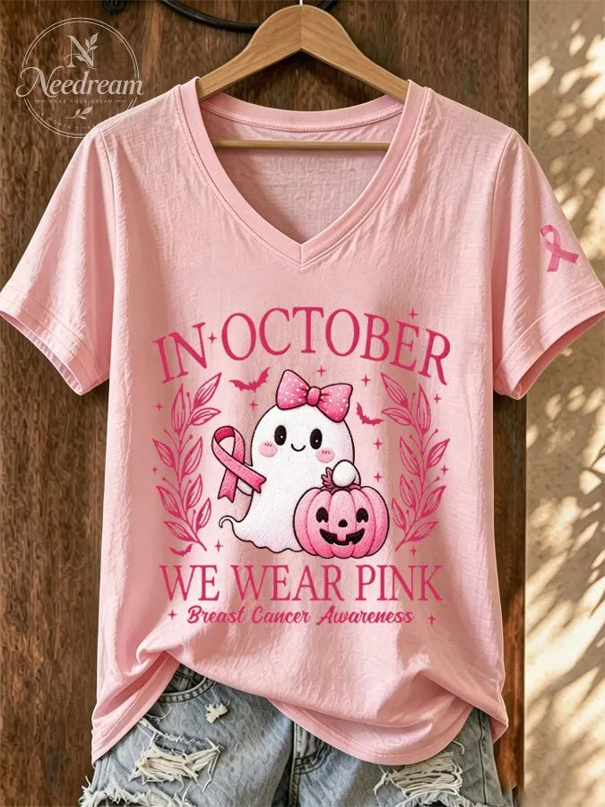 Women'S In October We Wear Pink Print T-Shirt