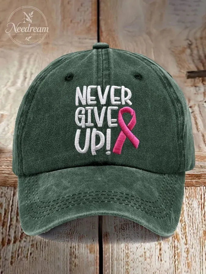 Never Give Up Pink Ribbon Breast Cancer Awareness Print Baseball Cap