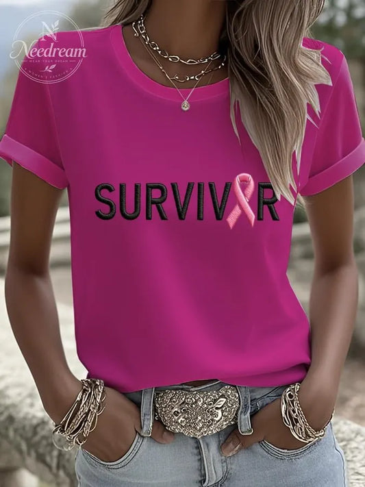 Women's Breast Cancer Survivors Print Round Neck Short Sleeve Linen Blend Shirt