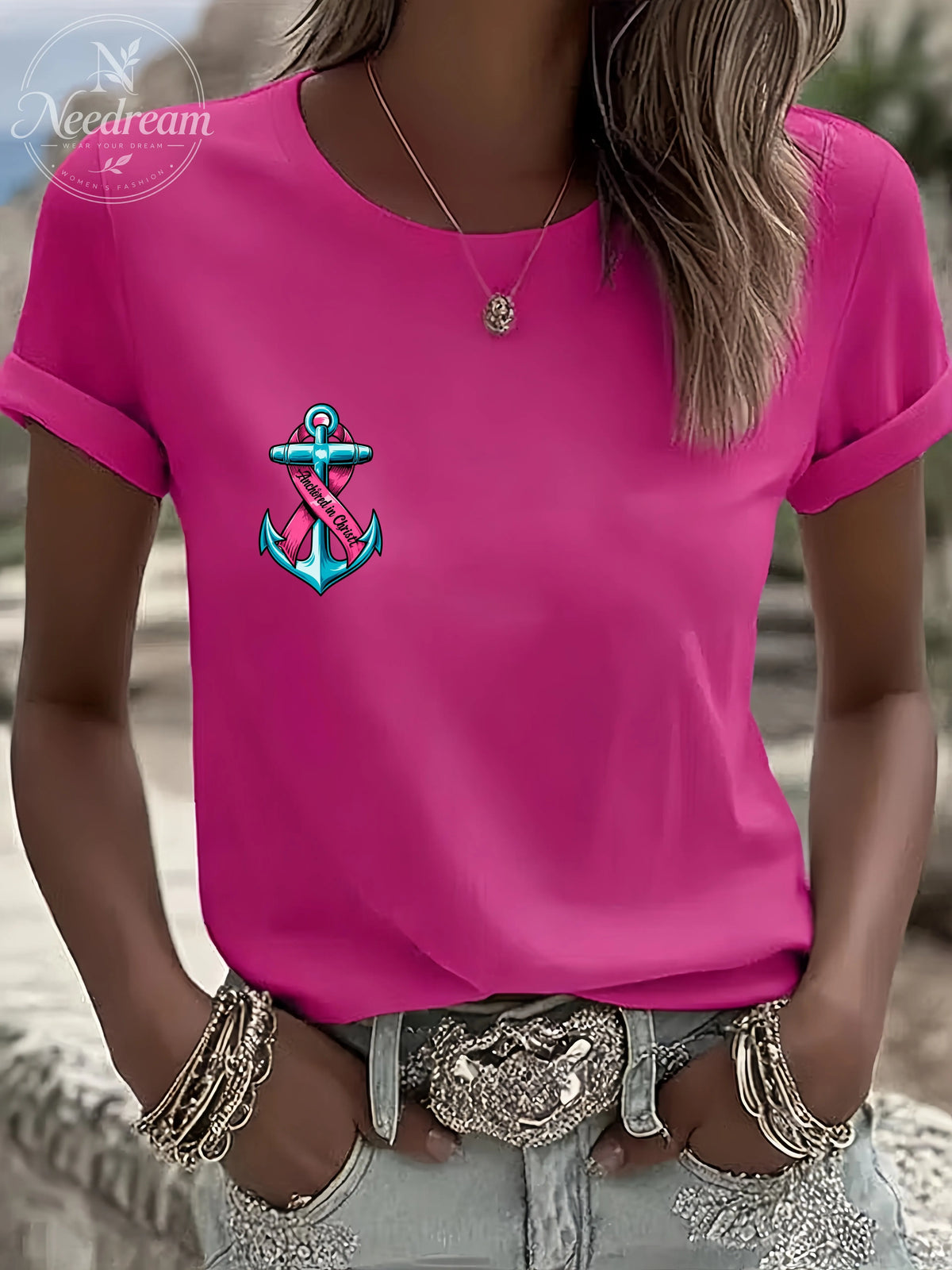 Women'S Breast Cancer Awareness Hope Short Sleeve Tee T-Shirt Crew Neck Printing Casual Graphic Tee