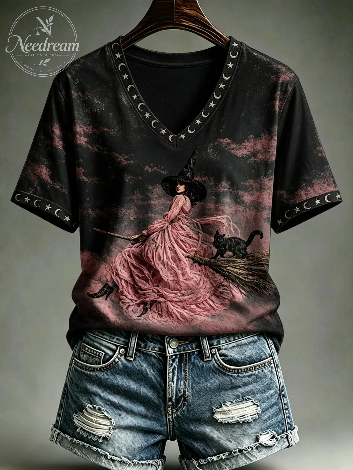 Women's Halloween Breast Cancer Pink Printed V-neck T-shirt