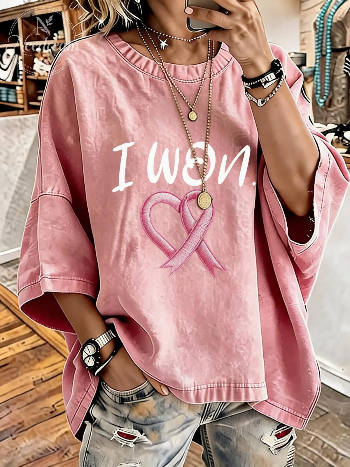Women's Breast Cancer Awareness Ribbon Distressed Washed Oversized T-Shirt