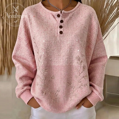 Women's Breast Cancer Awareness Pink Rose Embroidered Buttoned Sweatshirt