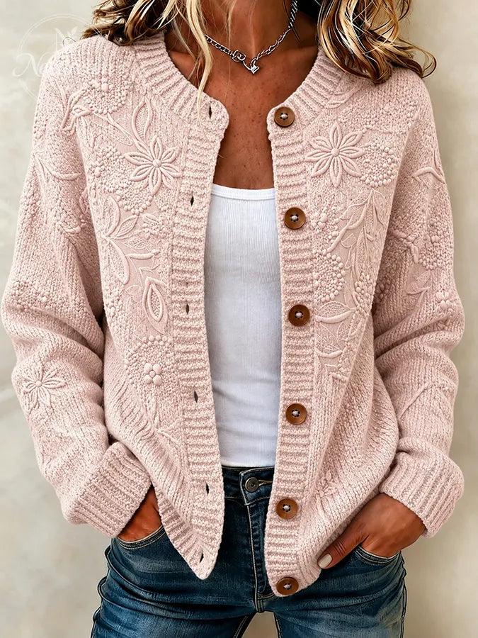 Ladies' Casual Plant Flower Knitted Cardigan Top