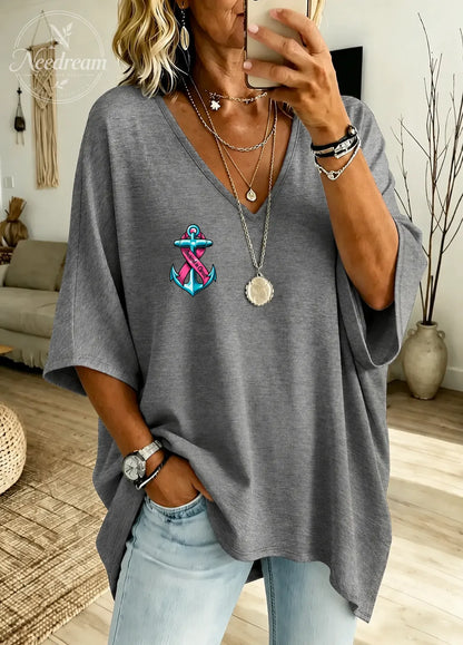 Women's Breast Cancer Awareness Hope Loose-Fit Pure Cotton V-Neck T-Shirt