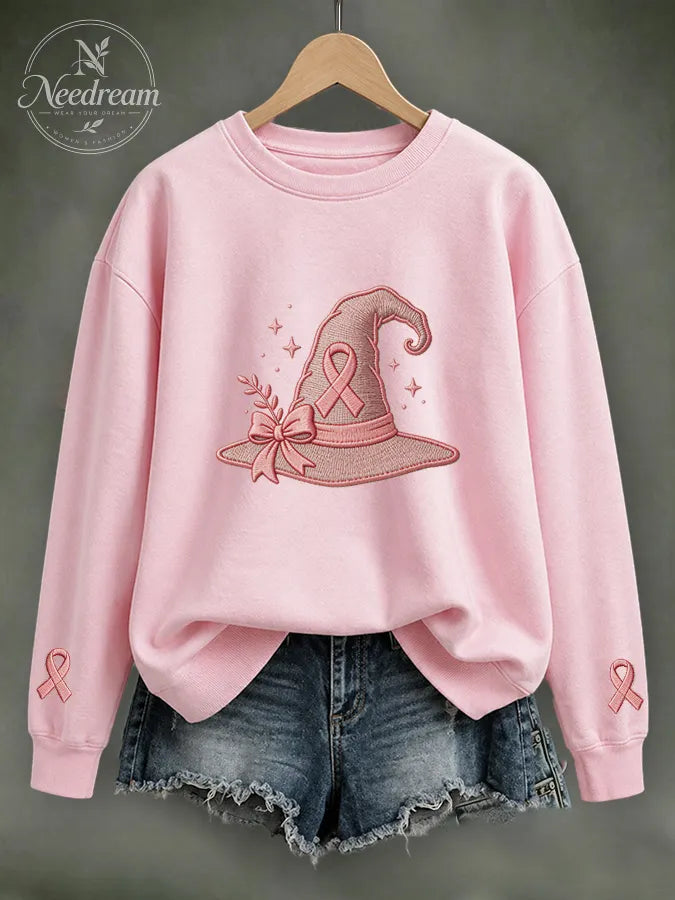 Women Pink Ribbon Witch Hat Embroidered Casual Sweatshirt