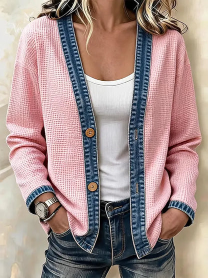 Women's Casual Printed Waffle-Knit Panel Cardigan