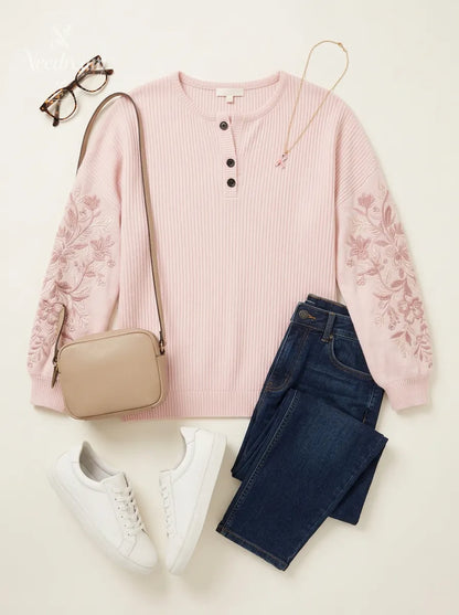 Women's Breast Cancer Awareness Floral Embroidered Printed Sweatshirt