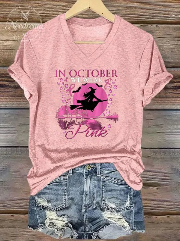 We Wear Pink Pattern  Print V Neck Casual T-Shirt