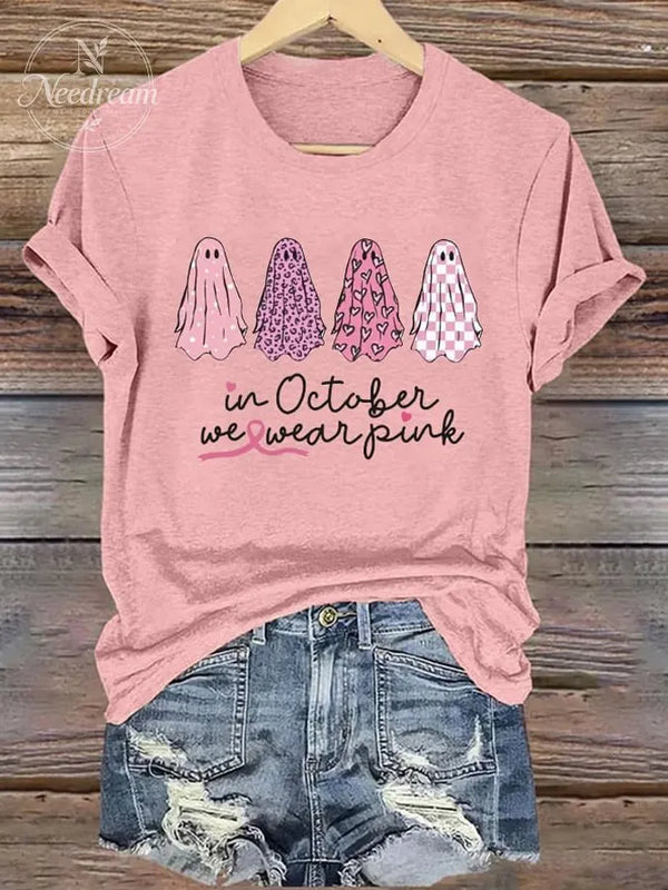 Women's Ghosts In October We Wear Pink Print Casual Round Neck T-shirt