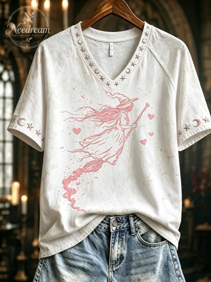 Women's Pink Witch-Themed Print Casual T-Shirt