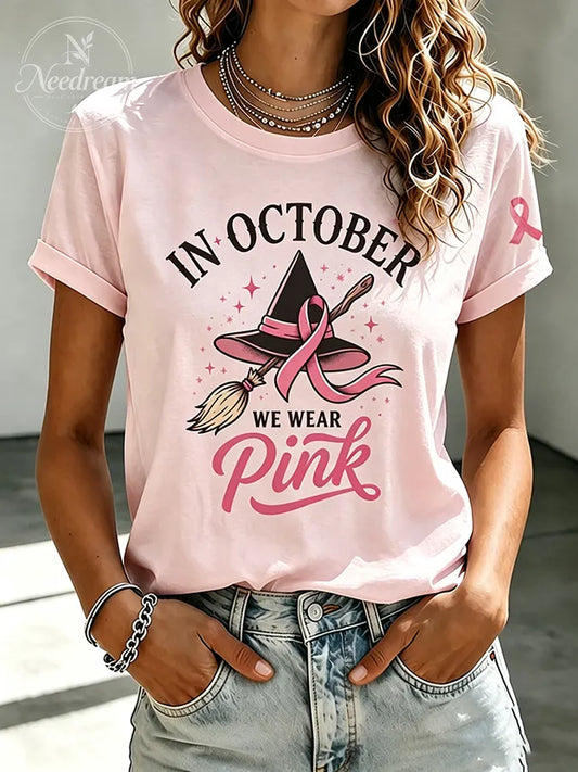 Women's In October We Wear Pink Printed Casual T-Shirt