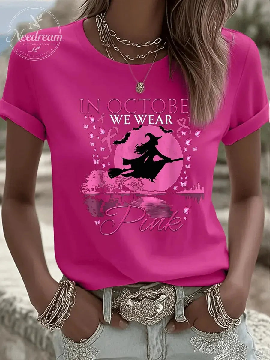Women's  In October We Wear Pink Pattern Print Casual T-Shirt