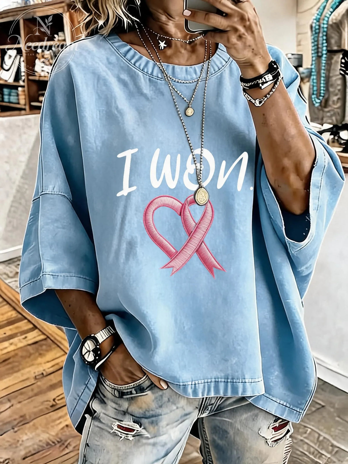 Women's Breast Cancer Awareness Ribbon Distressed Washed Oversized T-Shirt