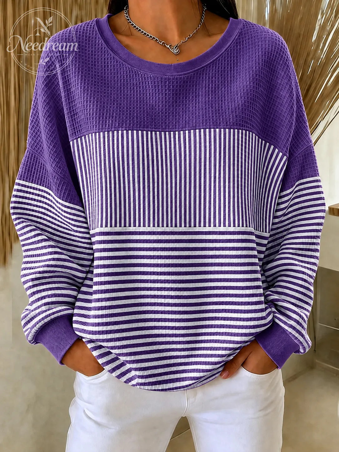 Women'S  Pink Art Patchwork Waffle Sweatshirt