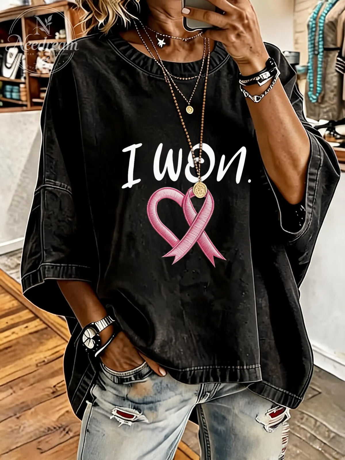 Women's Breast Cancer Awareness Ribbon Distressed Washed Oversized T-Shirt