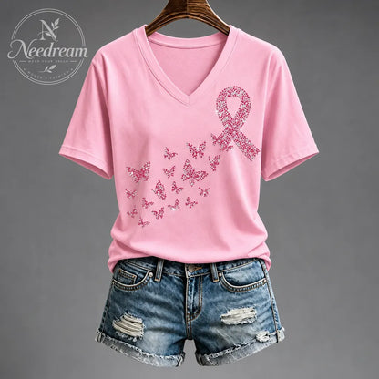 Women's Pink Breast Cancer Print Cotton Blend Short Sleeve T-Shirt